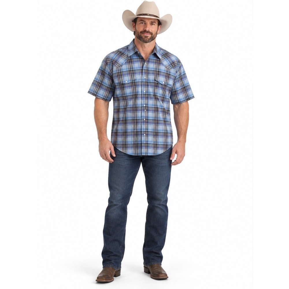 Roper Men's XL Blue Plaid Pearl Snap Short Sleeve Western Cowboy Shirt